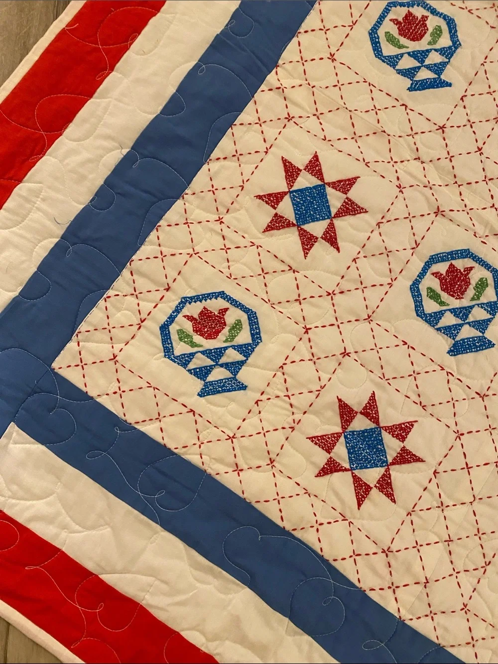 🇺🇸 Vintage Americana Amish Quaker Cottagecore Red, White & Blue Stitch Quilt
